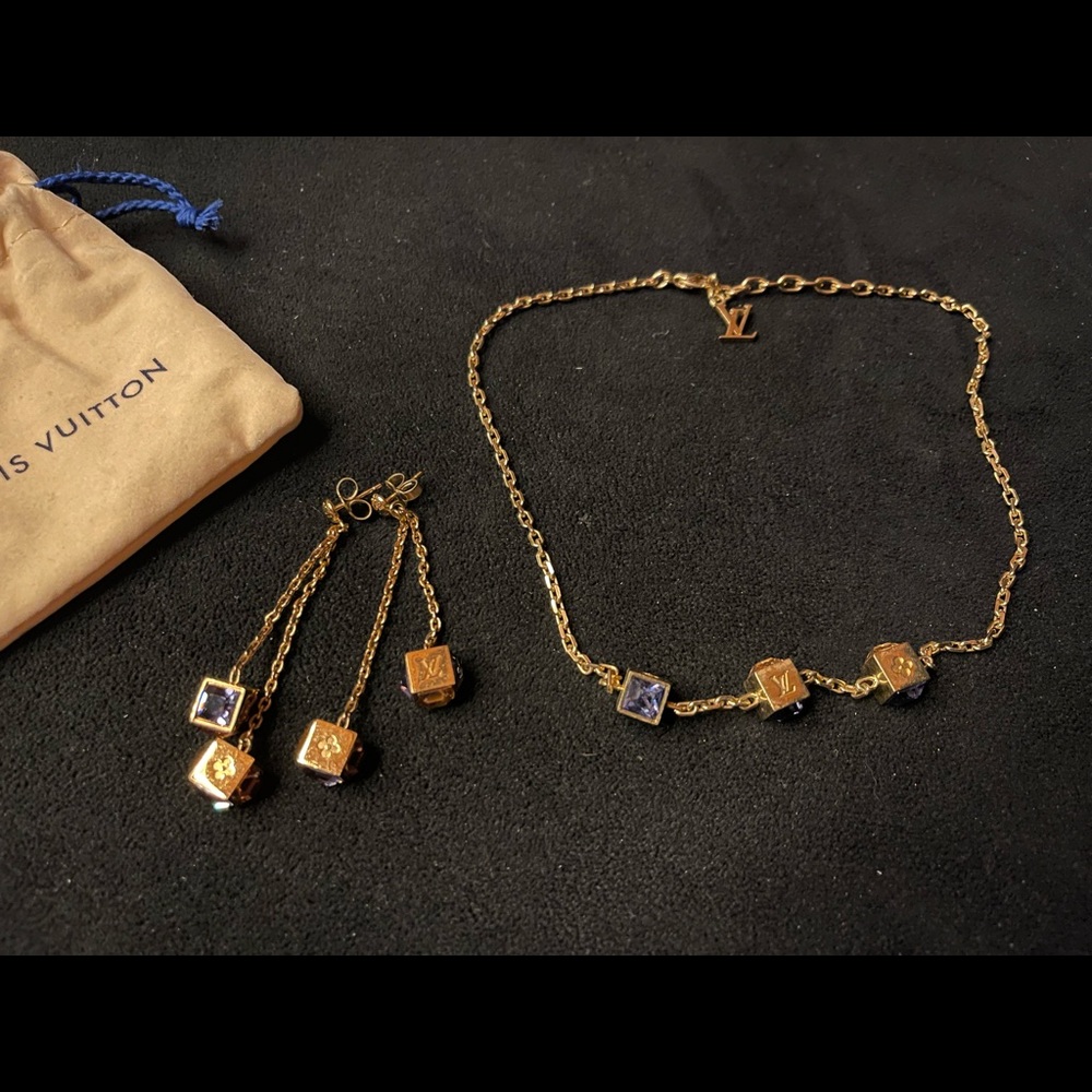 Louis Vuitton Vintage Gamble drop Earrings and Necklace Set Brass Swarovski